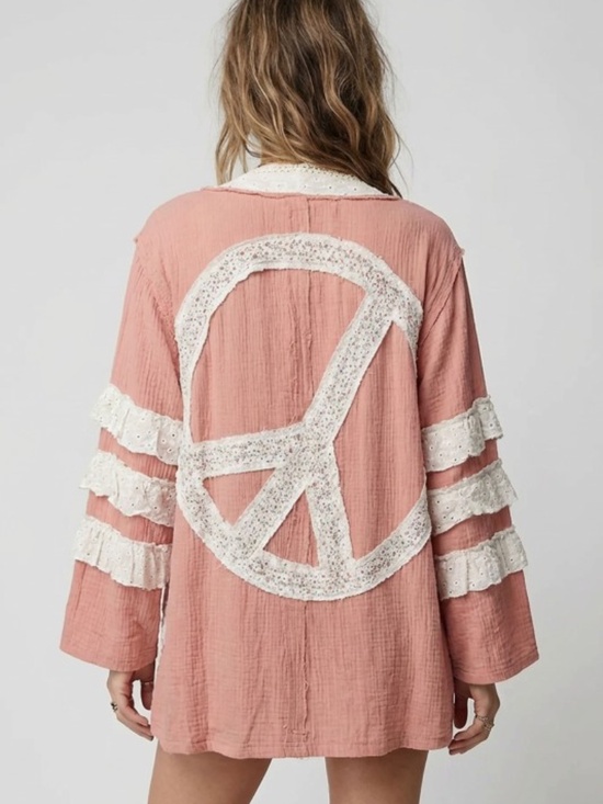 Ruri & Ruda Tops - "The Sonya" Boho Lace-Trim Peace Sign Cardigan Jacket